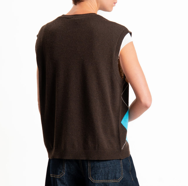 Kontatto-Gilet argyle misto lana/cashmere - moka/turchese/mastice