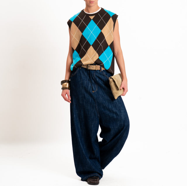 Kontatto-Gilet argyle misto lana/cashmere - moka/turchese/mastice