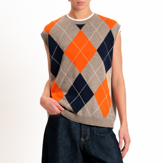 Kontatto-Gilet argyle misto lana/cashmere - tortora/arancio/blu
