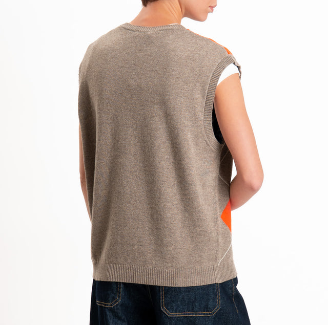 Kontatto-Gilet argyle misto lana/cashmere - tortora/arancio/blu