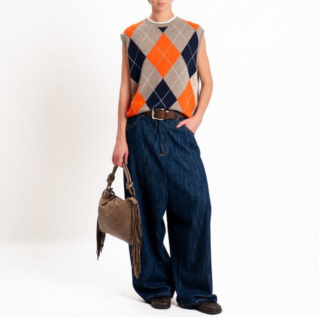 Kontatto-Gilet argyle misto lana/cashmere - tortora/arancio/blu