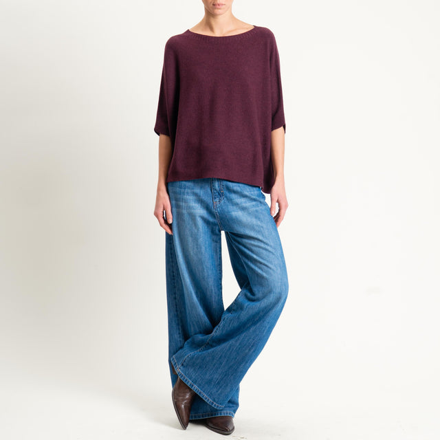 Kontatto-Maglia cropped manica corta punto riso (QS) - melanzana