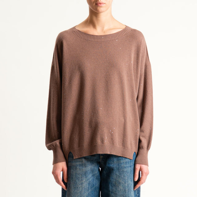 Kontatto-Maglia girocollo con micro paillettes - nocciola
