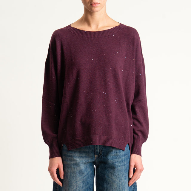 Kontatto-Maglia girocollo con micro paillettes - melanzana