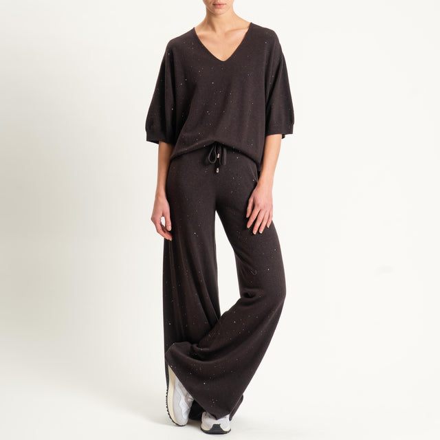 Kontatto-Maglia scollo v con micro paillettes - moro
