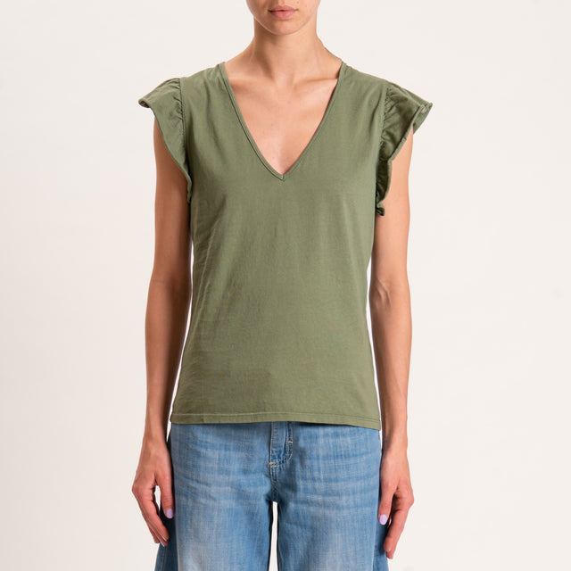 Kontatto-T-shirt scollo v con rouches - militare
