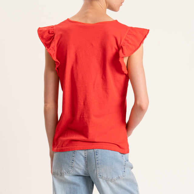 Kontatto-T-shirt scollo v con rouches - corallo