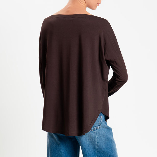 Kontatto- T-shirt scollo barca stondata in jersey - cioccolato