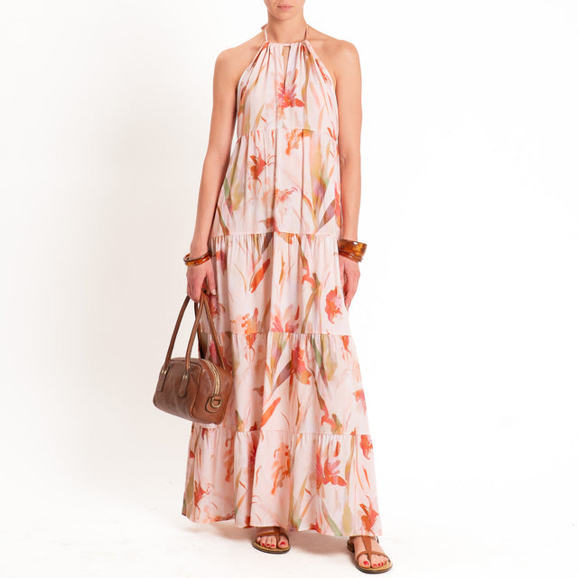 Kontatto-Abito floreale scollo halter con balze - rosa/peach