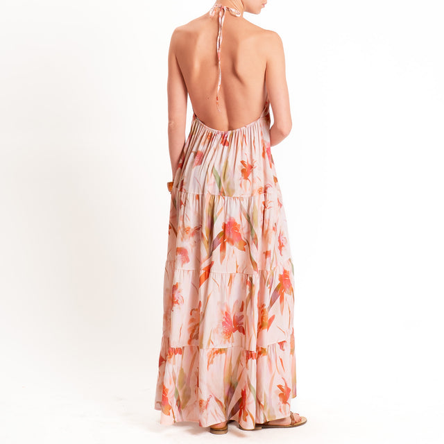 Kontatto-Abito floreale scollo halter con balze - rosa/peach