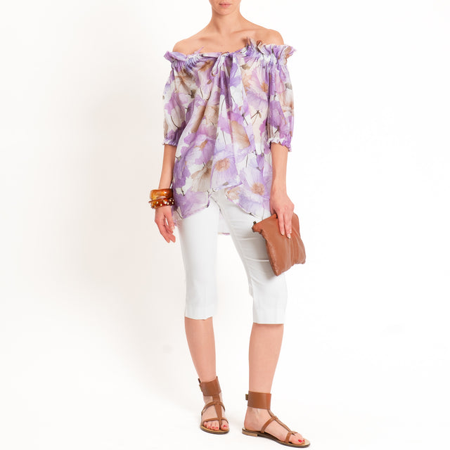 Kontatto-Blusa mussola di lyocell fantasia floreale - burro/glicine