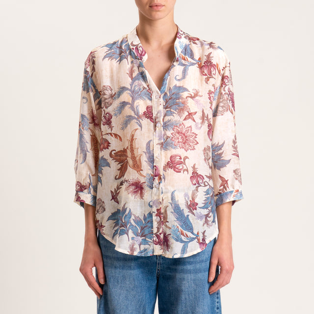 Zeroassoluto-Camicia MAIA fantasia in mussola misto seta - floreale burro/aubergine/avio