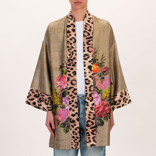 Dixie-Kimono fantasia fiori bordo maculato - oliva/rosa/verde