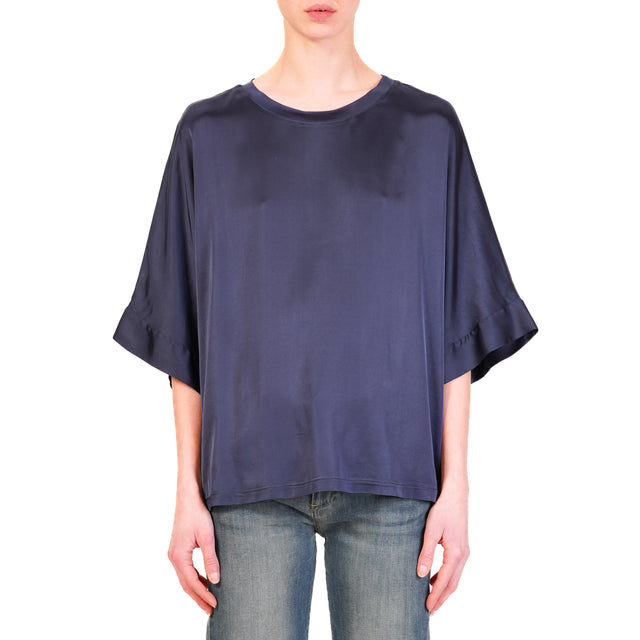Motel-Blusa scatola manica scesa in satin - blu