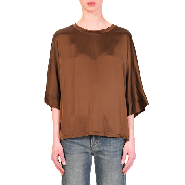 Motel-Blusa scatola manica scesa in satin - caffè