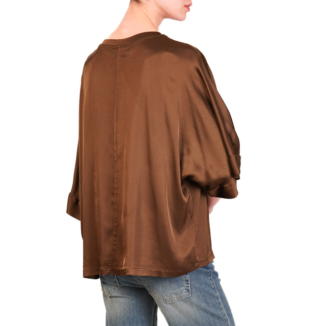 Motel-Blusa scatola manica scesa in satin - caffè