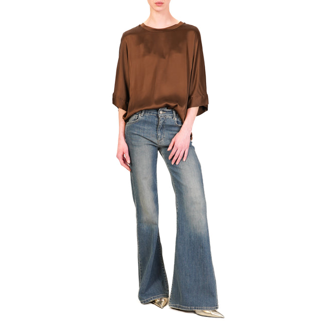 Motel-Blusa scatola manica scesa in satin - caffè