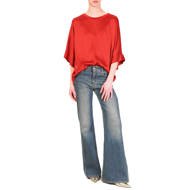 Motel-Blusa scatola manica scesa in satin - rosso