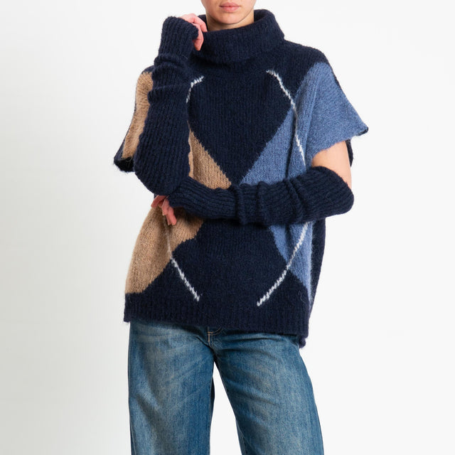 Motel-Maglia smanicata argyle collo alto in mohair con manicotti - blu/cammello/denim