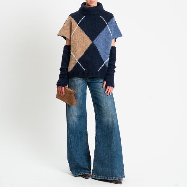 Motel-Maglia smanicata argyle collo alto in mohair con manicotti - blu/cammello/denim
