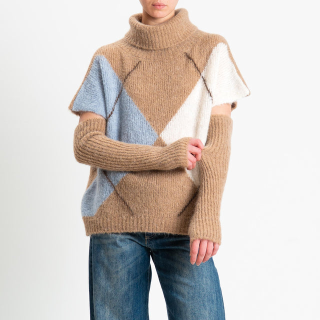 Motel-Maglia smanicata argyle collo alto in mohair con manicotti - cammello/azzurro/panna