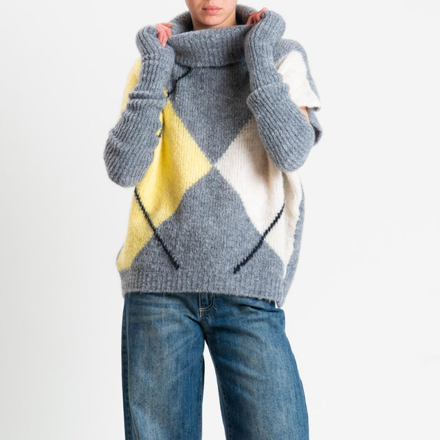 Motel-Maglia smanicata argyle collo alto in mohair con manicotti - grigio/lime/panna