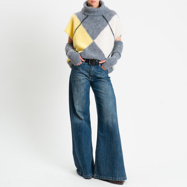 Motel-Maglia smanicata argyle collo alto in mohair con manicotti - grigio/lime/panna