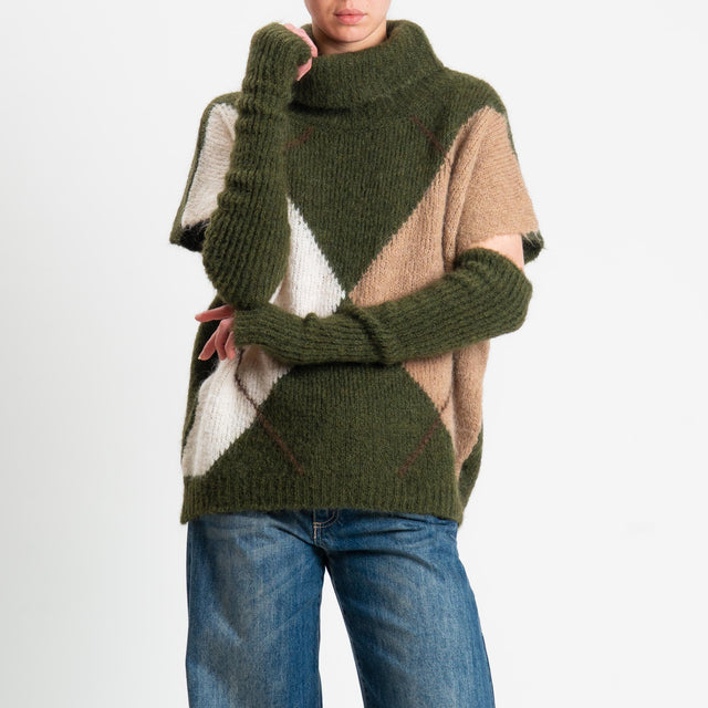 Motel-Maglia smanicata argyle collo alto in mohair con manicotti - militare/cammello/panna