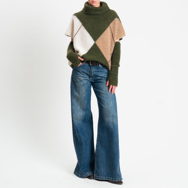 Motel-Maglia smanicata argyle collo alto in mohair con manicotti - militare/cammello/panna