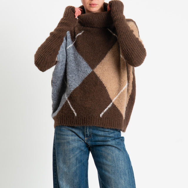 Motel-Maglia smanicata argyle collo alto in mohair con manicotti - moro/cammello/grigio