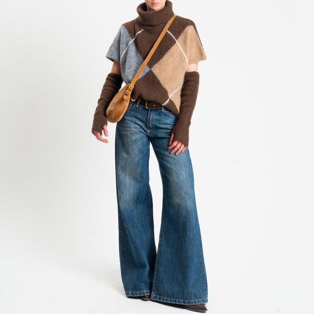 Motel-Maglia smanicata argyle collo alto in mohair con manicotti - moro/cammello/grigio