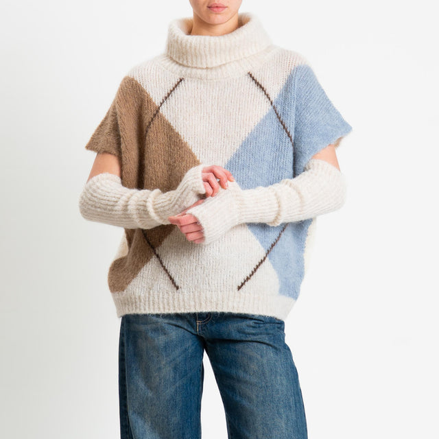 Motel-Maglia smanicata argyle collo alto in mohair con manicotti - panna/azzurro/cammello