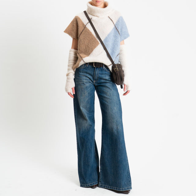 Motel-Maglia smanicata argyle collo alto in mohair con manicotti - panna/azzurro/cammello