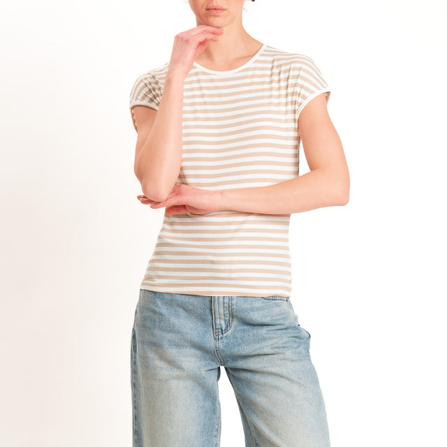 Motel-T-shirt righe a costine elasticizzata - panna/beige