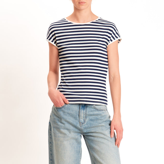 Motel-T-shirt righe a costine elasticizzata - panna/blu