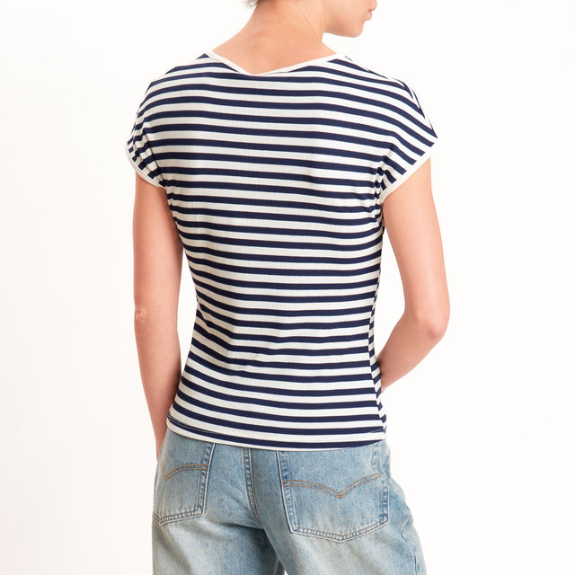 Motel-T-shirt righe a costine elasticizzata - panna/blu