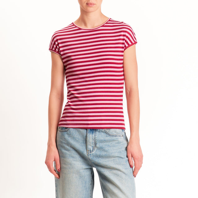 Motel-T-shirt righe costine elasticizzato - rosa/india