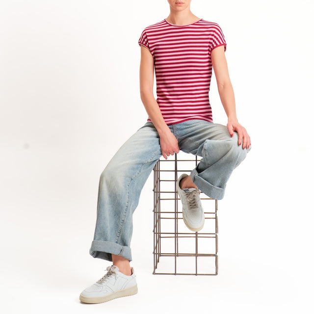 Motel-T-shirt righe costine elasticizzato - rosa/india