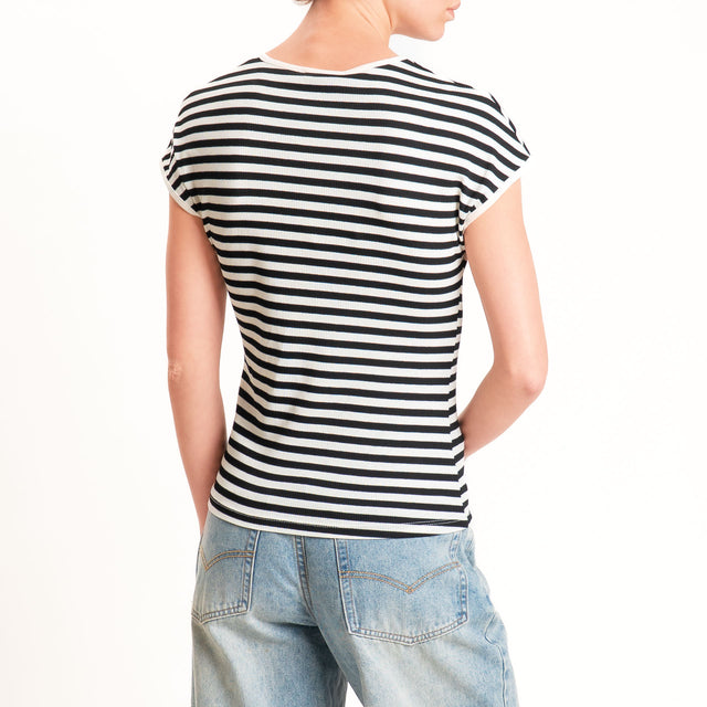 Motel-T-shirt righe a costine elasticizzata - panna/nero