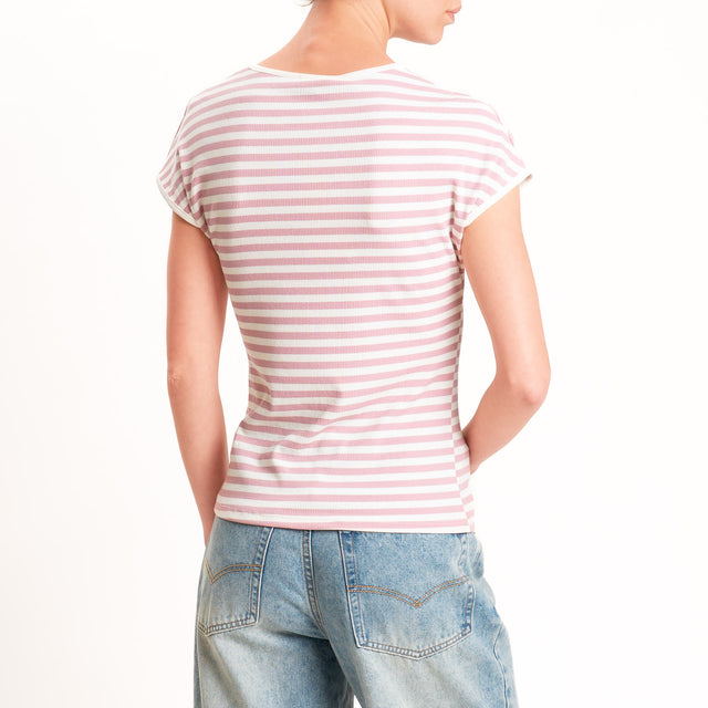 Motel-T-shirt righe a costine elasticizzata - panna/rosa