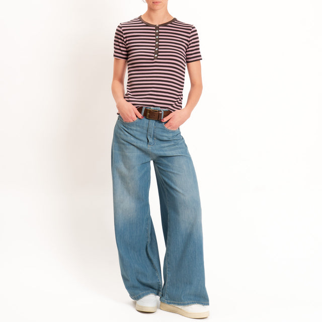 Motel-T-shirt righe serafino a costine - moro/rosa