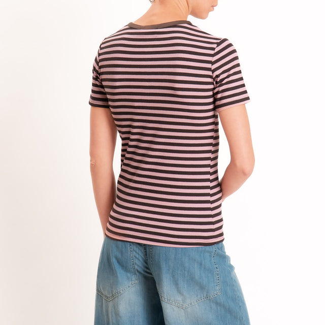 Motel-T-shirt righe serafino a costine - moro/rosa
