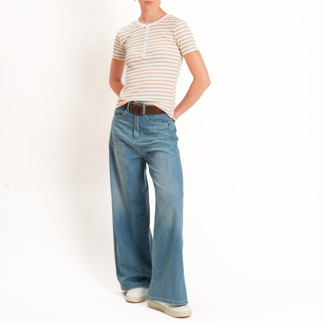 Motel-T-shirt righe serafino a costine - panna/beige