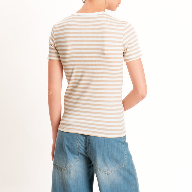 Motel-T-shirt righe serafino a costine - panna/beige
