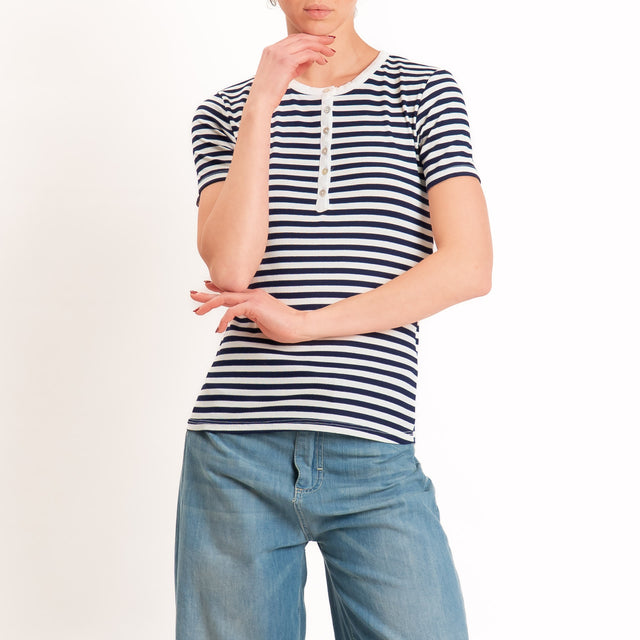 Motel-T-shirt righe serafino a costine - panna/blu
