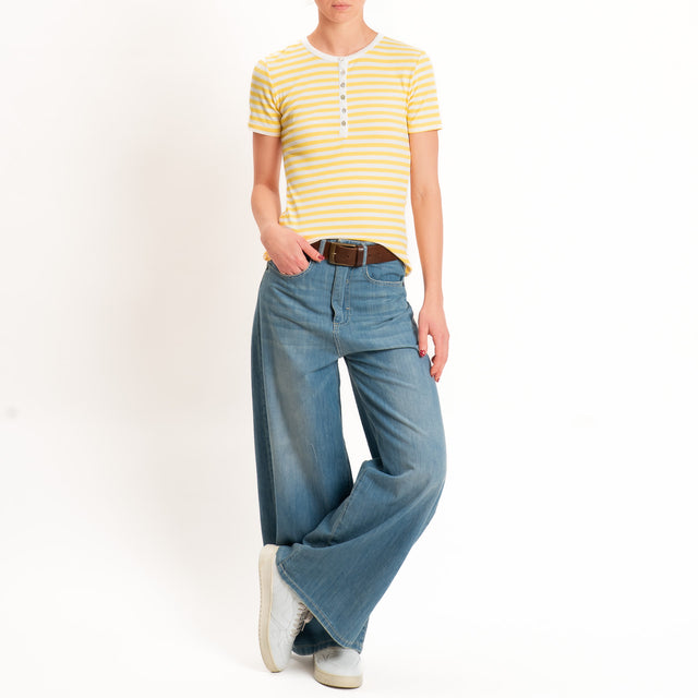 Motel-T-shirt righe serafino a costine - panna/giallo