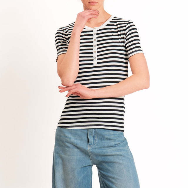 Motel-T-shirt righe serafino a costine - panna/nero