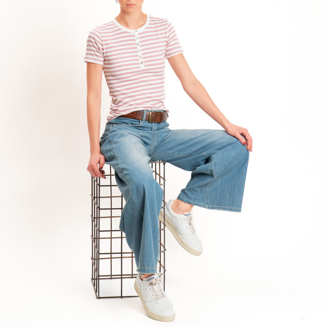 Motel-T-shirt righe serafino a costine - panna/rosa