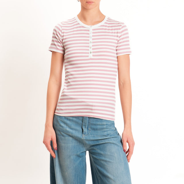 Motel-T-shirt righe serafino a costine - panna/rosa