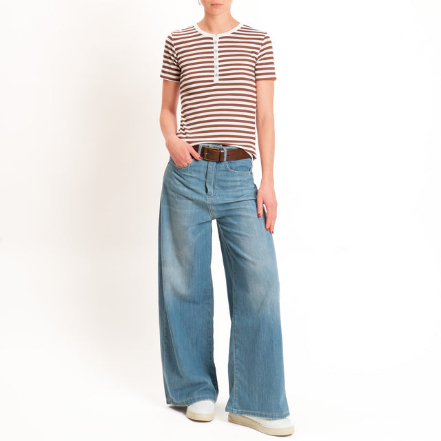 Motel-T-shirt righe serafino a costine - panna/tabacco